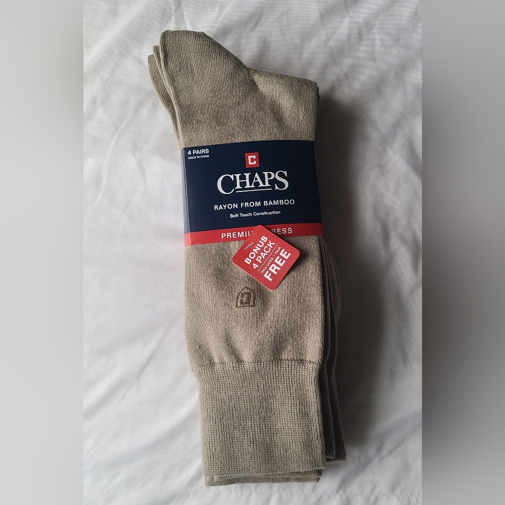 Chaps Men's Premium Dress Socks - Tan 4 Pack Logo, NWT